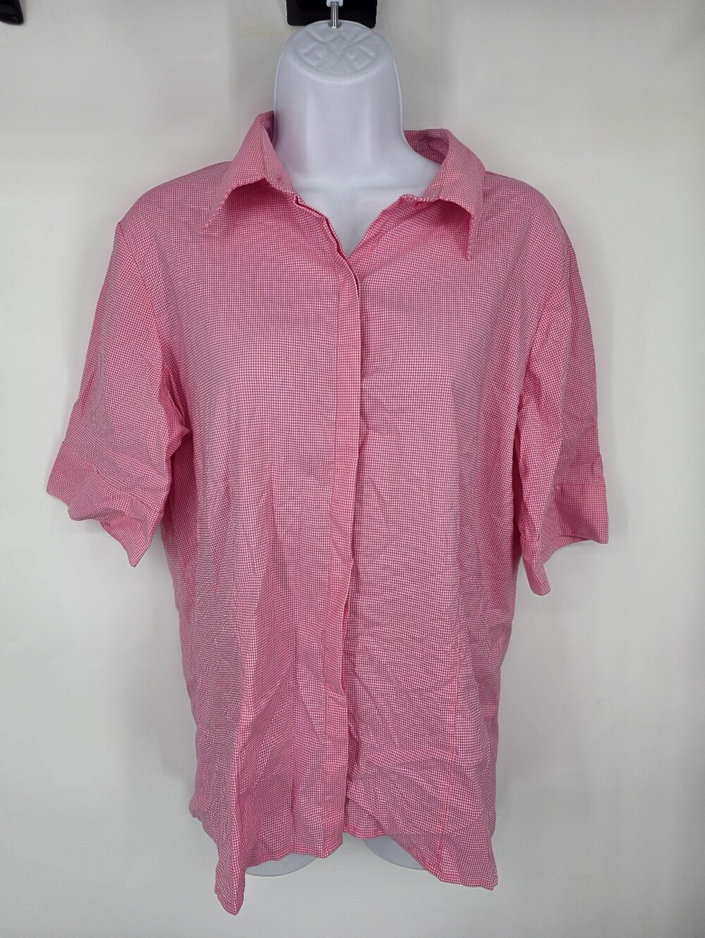 Liz Claiborne Collection Pink White Gingham Short Sleeve Button Up Blouse Sz 10